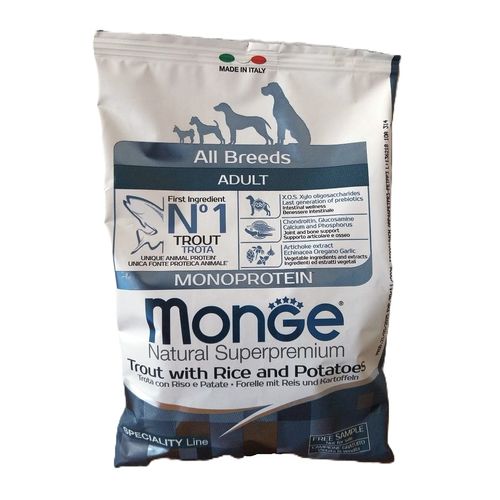 MONGE Natural Superpremium All Breeds Adult 100g Minta, Monoprotein Táp Pisztráng/Rizs/Burgonya