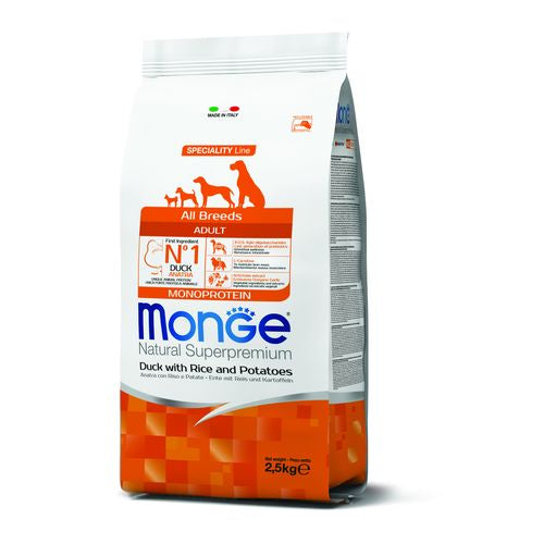 MONGE Natural Superpremium All Breeds Adult 2.5kg Monoprotein Táp Kacsa/Rizs/Burgonya