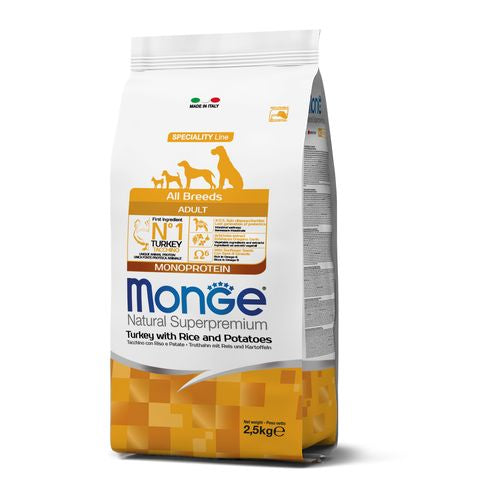 MONGE Natural Superpremium All Breeds Active 2.5kg Magas Energiatartalmú Általános Pulykás Kutyatáp Rizzsel és Burgonyával
