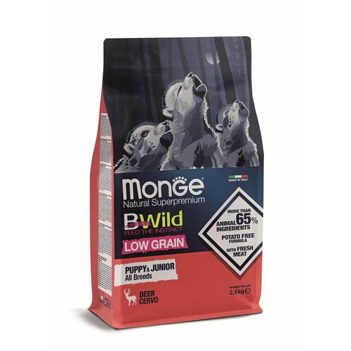 MONGE BWild Low Grain Puppy & Junior 2.5kg Teljes Értékű Táp Minden Fajta Kölyökkutyának Szarvashússal Csökkentett Gabonatartalommal