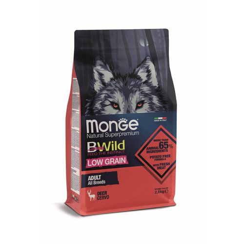 MONGE BWild Low Grain Adult 2.5kg Teljes Értékű Táp Minden Fajta Felnőtt Kutyának Szarvashússal Csökkentett Gabonatartalommal
