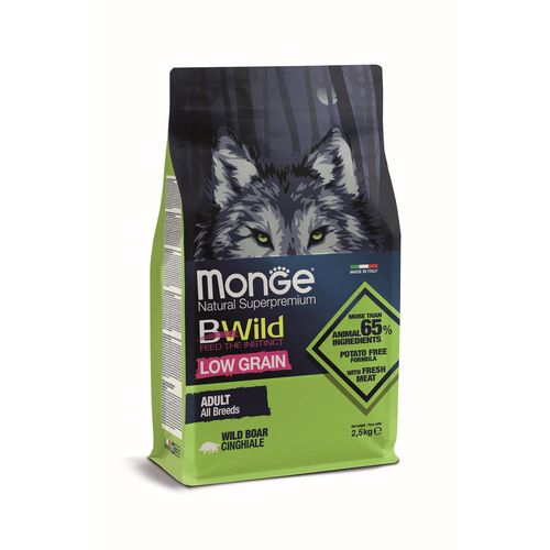 MONGE BWild Low Grain Adult 2.5kg Teljes Értékű Táp Minden Fajta Felnőtt Kutyának Vaddisznóval Csökentett Gabonatartalom