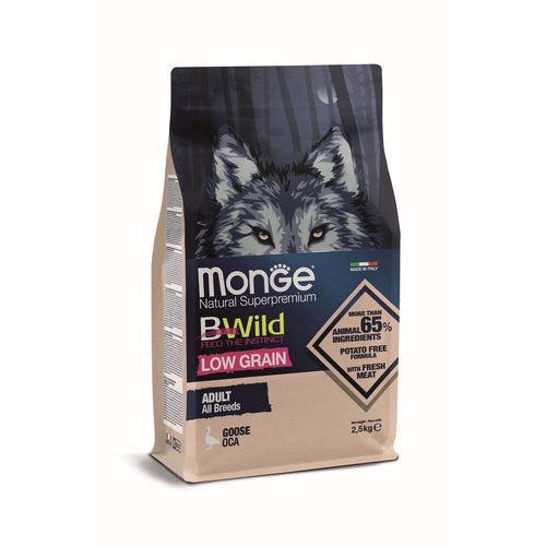 MONGE BWild Low Grain Adult 2.5kg Teljes Értékű Táp Felnőtt Kutyáknak Libahússal Csökkentett Gabonatartalommal